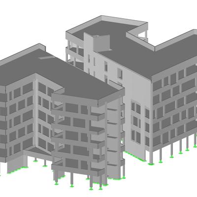 Gebäudemodell EG - 5.OG (Ohne Verbindungstrakt und Untergeschoss) [Fotoquelle: Ausdruck aus RFEM von Dlubal Software GmbH]